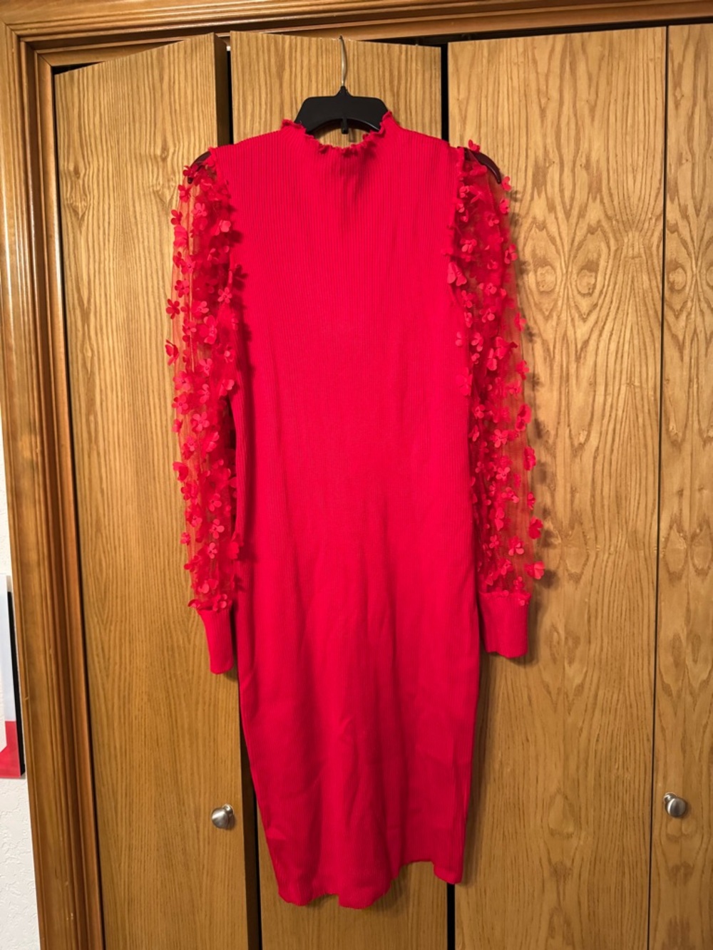 No Boundaries Bright Red Long Sleeve Floral-Applique Dress